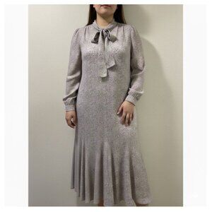 PASCAL Long Sleeve Maxi Dress Bow Neck Light Gray & Multi Dots Women L